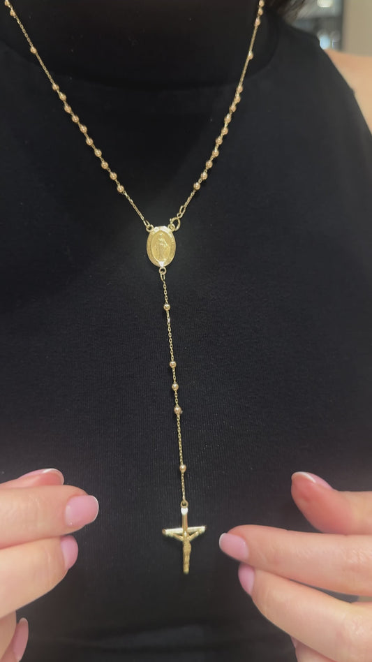 9ct Yellow Gold Rosary Bead Necklace with Traditional Miraculous Medal – Polished Beads