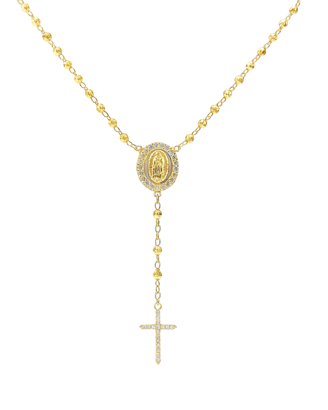 Beaded Rosary Necklace with Religious Pendants | 9ct Yellow Gold Diamond-Cut