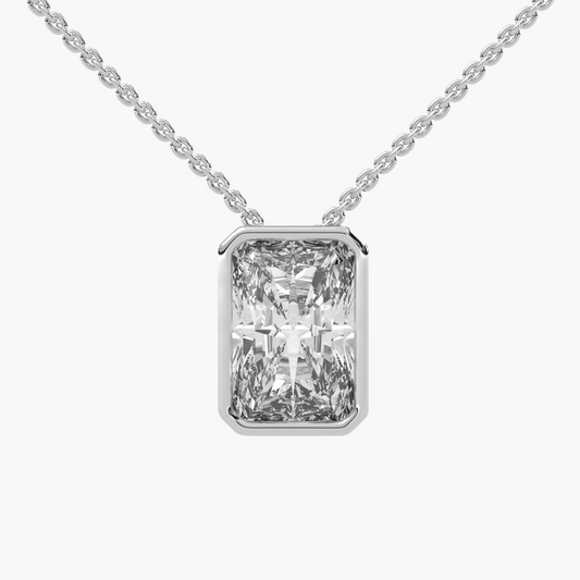 Diamond necklace with a rectangular pendant on a white background