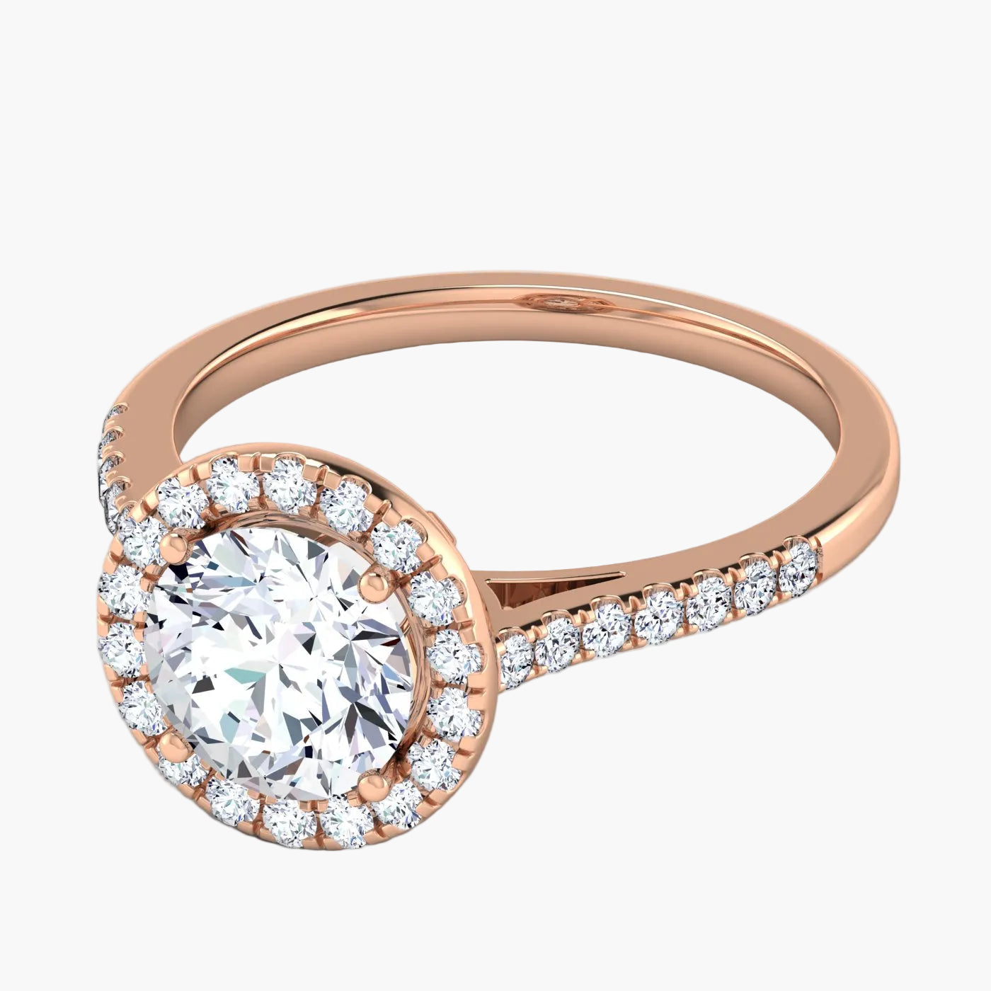 Rose gold ring with a large diamond and smaller diamonds on a white background