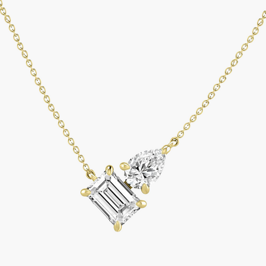 Toi Et Moi | 18ct Yellow Gold Lab Grown Emerald and Pear Shape Necklace
